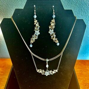 Pale Blue Rhinestone Necklace Earrings Set